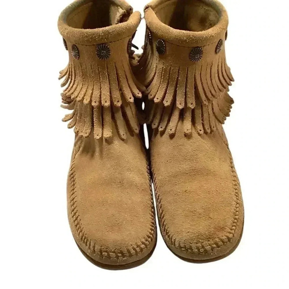 Minnetonka Hi Top Boots Womens 7 Brown Suede Double Fringe Side Zip Moccasin - Picture 2 of 11